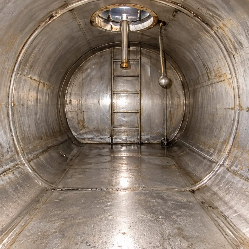Interno della cisterna dopo la pulizia, con pareti e fondo nuovamente visibili