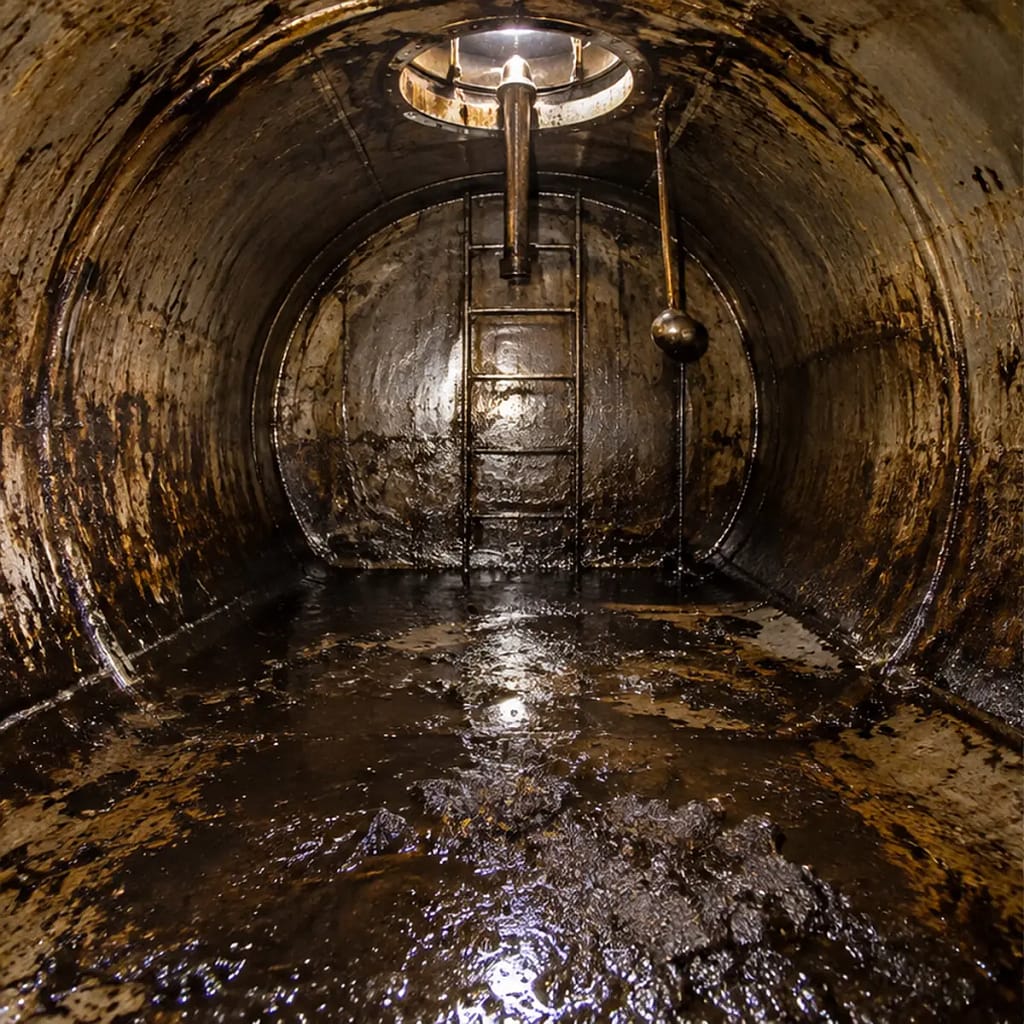 Interno della cisterna con fondami e depositi oleosi sul fondo
