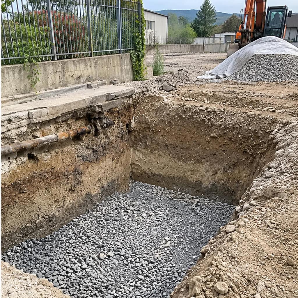 Area di scavo preparata con uno strato di materiale granulare