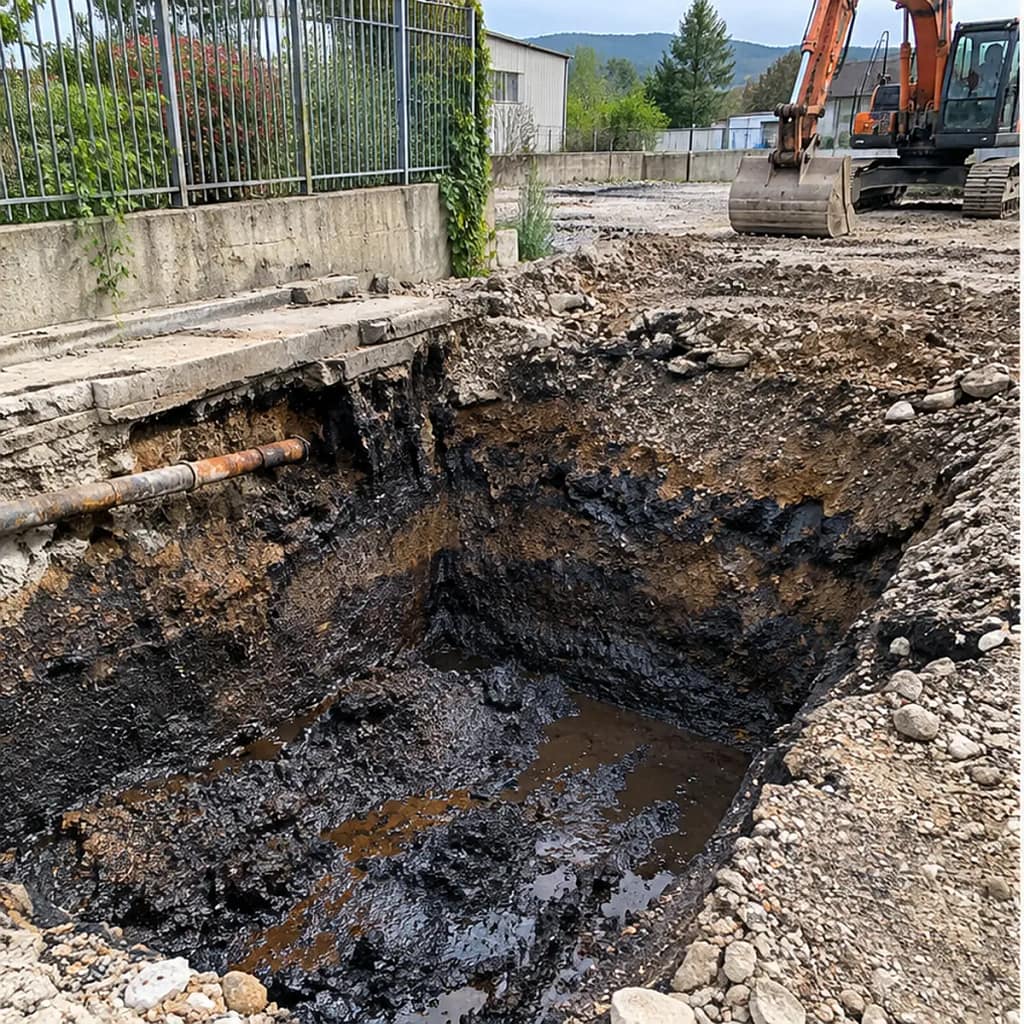 Area di scavo con terreno scuro e acqua torbida vicino a una tubazione
