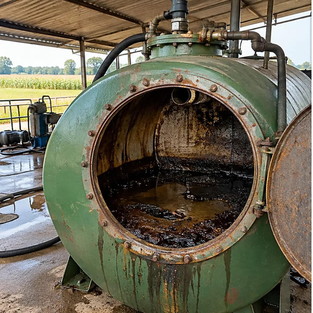Serbatoio agricolo con depositi visibili all’interno del boccaporto