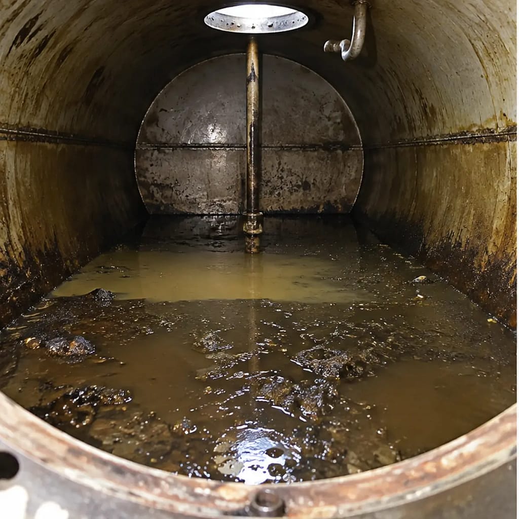 Fondo della cisterna con acqua torbida e accumuli di fanghi