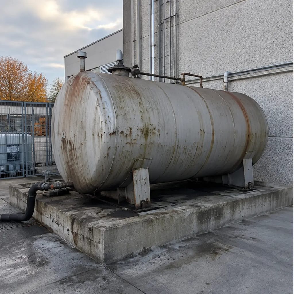 Serbatoio metallico fuori terra collocato sul basamento prima della rimozione