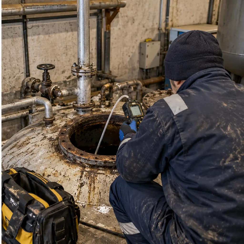 Operatore con rilevatore di gas durante la verifica strumentale
