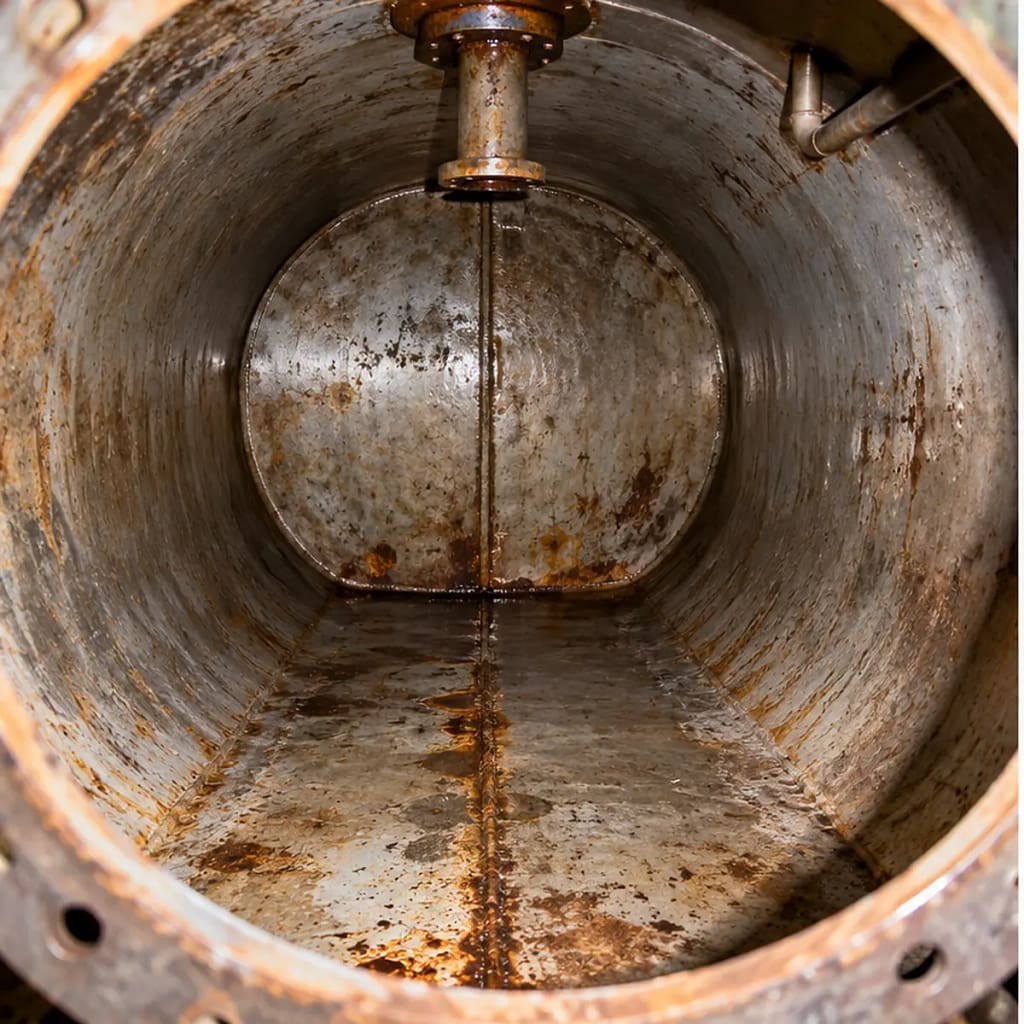 Interno metallico della cisterna con tracce di corrosione prima del rivestimento
