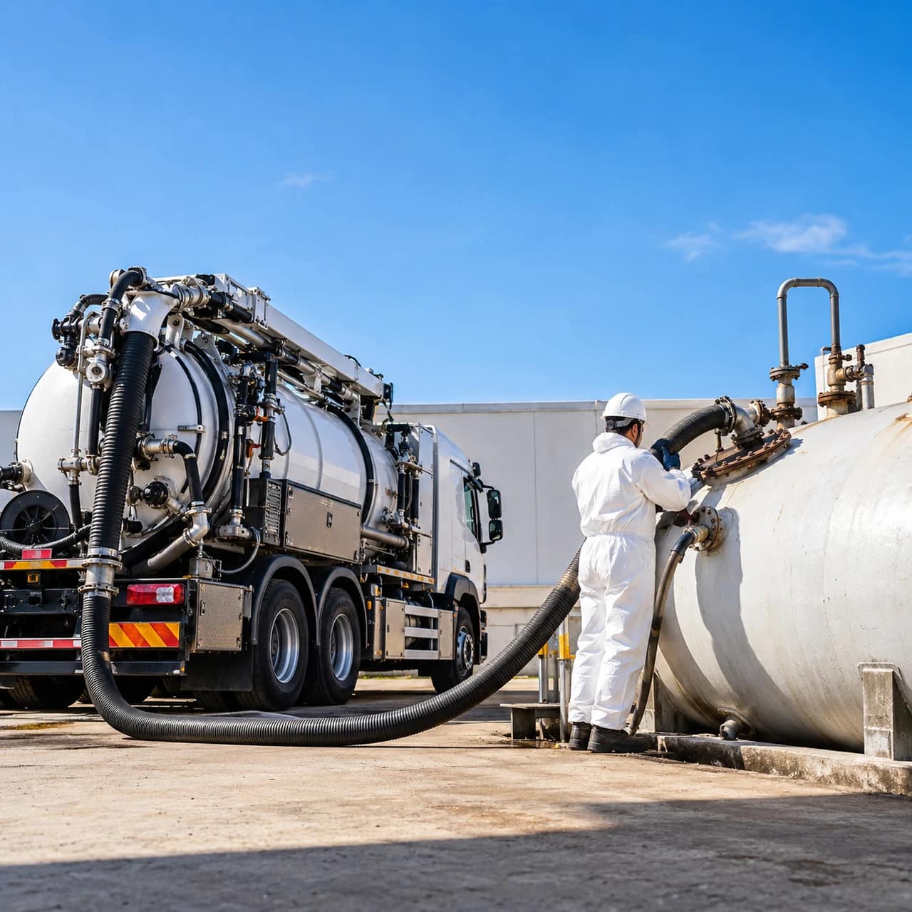 Operatore durante la bonifica e pulizia interna di una cisterna di gasolio.