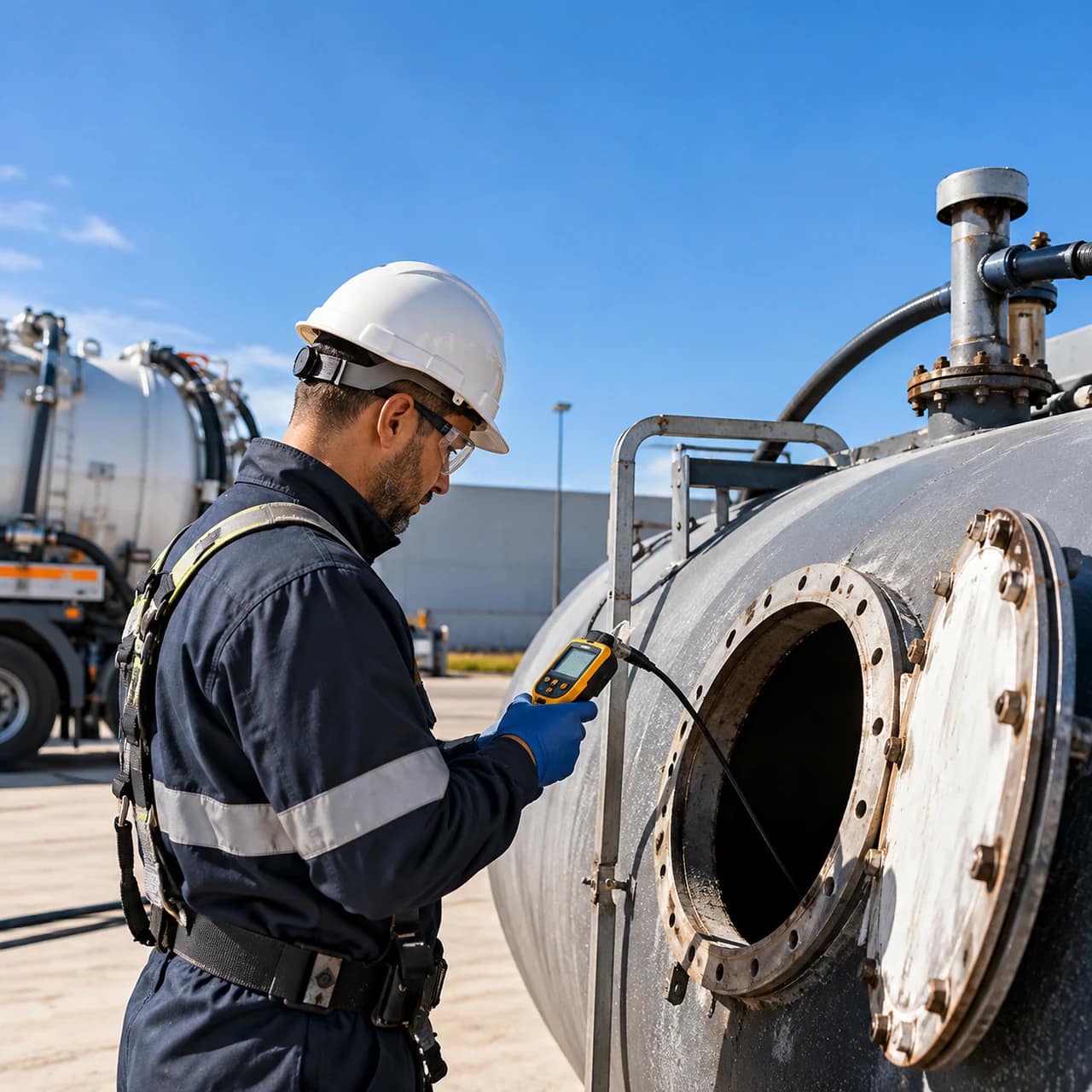Tecnico con rilevatore di gas durante una verifica Gas-Free su una cisterna.