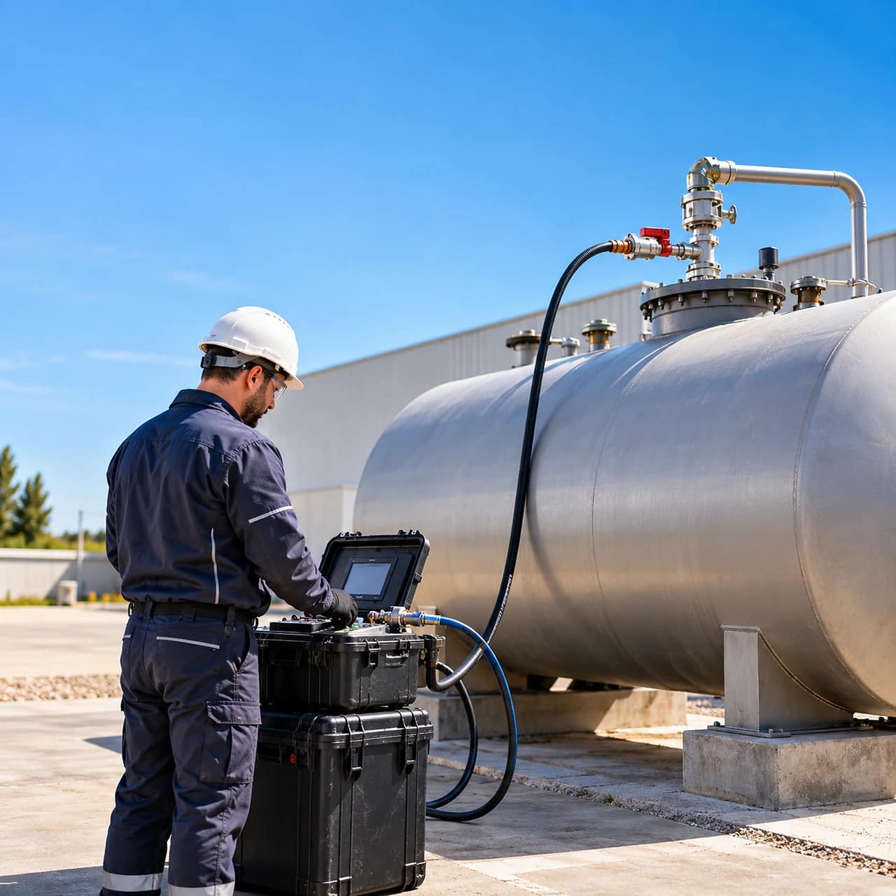 Tecnico durante una prova di tenuta su una cisterna di gasolio.