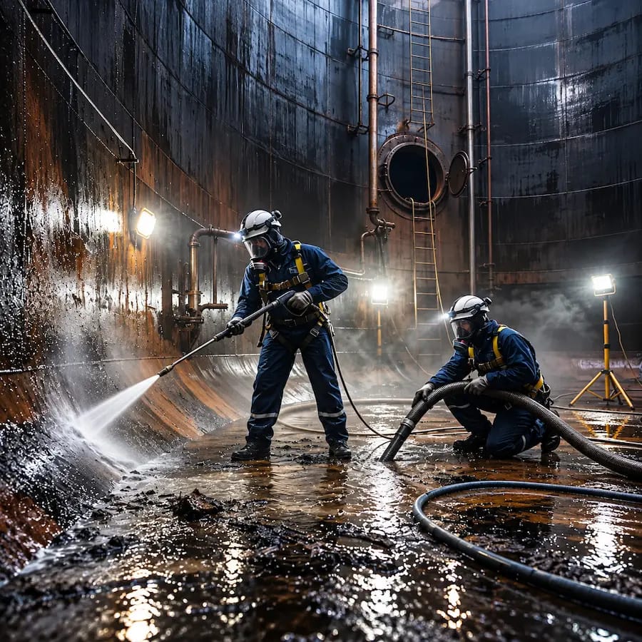 Operatori specializzati durante la bonifica e pulizia interna di una cisterna industriale di gasolio.